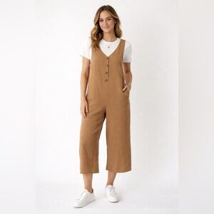 Linen Blend Tan Wide Leg Romper Button Front Cropped Jumpsuit Sleeveless Layer